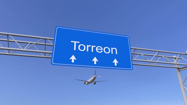 Commercial airplane arriving to Torreon airport. Travelling to Mexico conceptual 4K animation