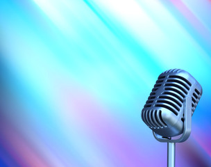 Fototapeta na wymiar Vintage microphone with blurred bight light background and soft focus