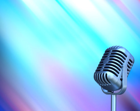 Vintage microphone with blurred bight light background and soft focus