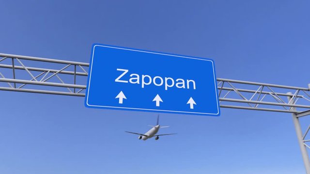 Commercial airplane arriving to Zapopan airport. Travelling to Mexico conceptual 4K animation