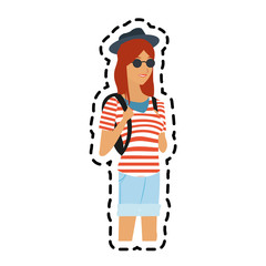 pretty young woman with striped shirt hat and sunglasses icon image vector illustration design 