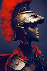 Mannequin in helmet with red feathers