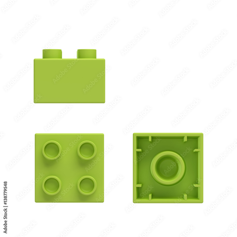 Poster 3d rendering of a green toy block shown from side, front and bottom view.