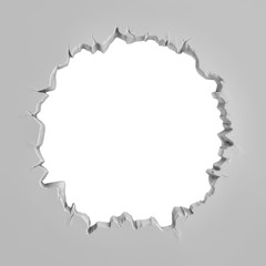 3d rendering of a grey plaster wall with a large round torn hole in the middle.