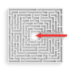 3d rendering of a square maze with a red arrow borrowing to the center isolated on white background