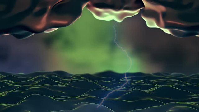Dramatic thunderstorm lightning against dark cloudy sky. Seamless looping animation. Use it as background, intro, opener or logo revealer for your video project.