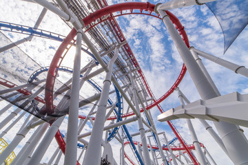 tracks of Roller coaster against blue sky, Perspective Concept