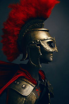 Mannequin in helmet with red feathers