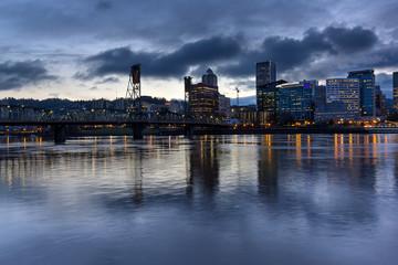Portland City Skyline with Hawthorne Bridge at Dusk