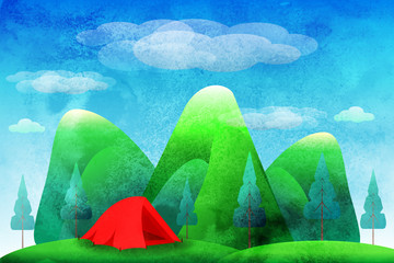Hilly landscape, the red tent