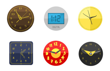 Wall clock circle sign with chronometer pointer collection and deadline stopwatch speed office alarm timer minute watch vector illustration icons set.