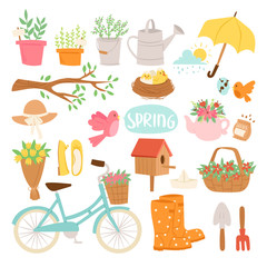 Spring natural floral symbols with blossom gardening tools beauty design and nature grass season branch springtime hand drawn elements vector illustration.