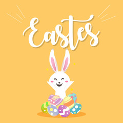 Happy easter day with white Easter rabbit.