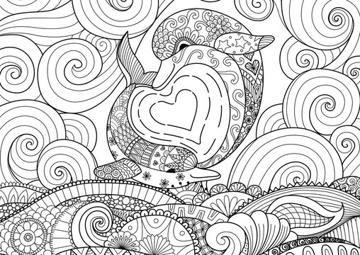 Two dolphins playing together under beautiful ocean for adult coloring book page