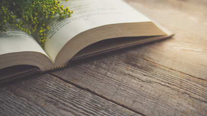 Morning relaxation and cozy with Solidago small yellow flower on the book with copy space for woman lifestyle , nostalgic concept