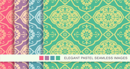 Seamless pastel background set Oriental curve spiral flower