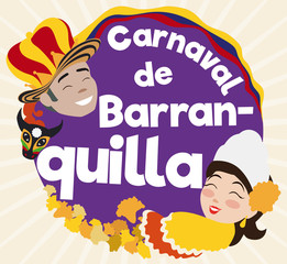 Commemorative Round Button with Momo King and Barranquilla's Carnival Queen, Vector Illustration