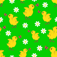 Seamless pattern with chicken, flowers and butterflies.