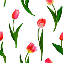 Seamless from red tulips and green leaves. Clipping Mask