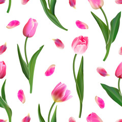 Realistic tulips vector seamless pattern, Repeating surface pattern with beautiful realistic 3D vector tulips for all web and print purposes.