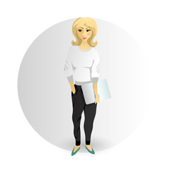 girl with a laptop, work at home, independent woman. cartoon character. vector illustration.