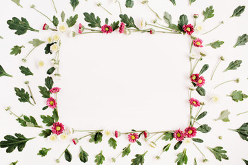 Frame wreath with red and white wildflowers, green leaves, branches on white background. Flat lay, top view. Flower background.
