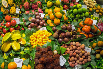 Tropical fruits at the Boqueria market in Barcelona, Spain