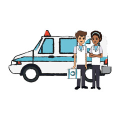 medical ambulance and doctors over white background. colorful design. vector illustration