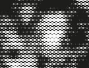 Black and white vector halftone background. Modern monochrome illustration. Chaotic abstract shapes. Grid of dots with different size. Graphic gradient made of round particles. Element of design. - 138787799