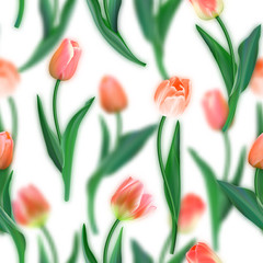 Floral seamless pattern. Realistic tulips with blurred tulips background. Watercolor imitation. Not trace. Vector seamless background. Red tulips