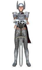 Obraz premium Young female warrior guard leaning on sword isolated on white background. 3d illustration