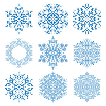 Set of vector blue snowflakes. Fine winter ornament. Snowflakes collection. Snowflakes for backgrounds and designs