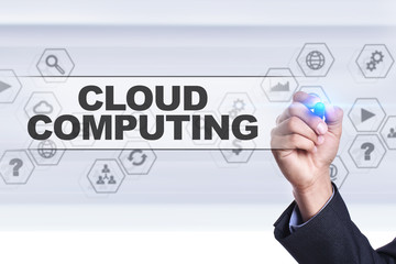 Fototapeta premium Businessman drawing on virtual screen. cloud computing concept.