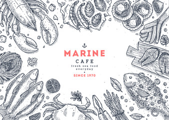 Sea food top view illustration. Fish restaurant table background. Engraved style illustration. Hero image. Vector illustration