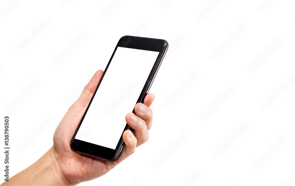 Aufkleber Hand holding black mobile phone with blank screen isolated on white background,Mock up for display of your content of replace with background