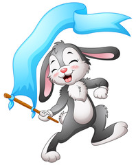 Cartoon rabbit waving flags blue ribbon