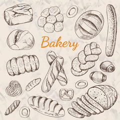 Hand drawn vintage vector illustration - Set of Bakery. Organic food.