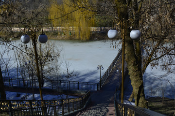 bridge over frozen lake in the Park