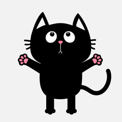 Black cat looking up ready for a hugging. Open hand paw. Kitty reaching for a hug. Funny Kawaii animal. Baby card. Cute cartoon character. Pet collection. Flat design White background. Isolated.