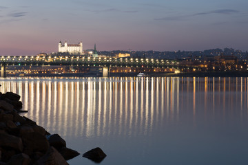 Old town with New Bridge in Bratislava, Slovakia.