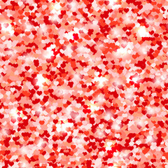Valentine's day background with hearts. Shiny seamless pattern of red color with sparkles. Fashion glitter backdrop for romantic card, birthday party or wedding invitation.
