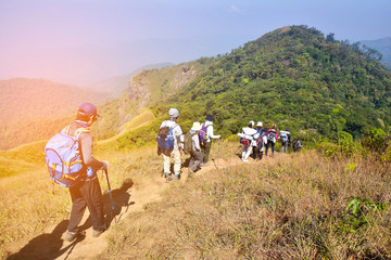 group of hiking on mountain at sunny day. subject is soft focus