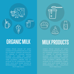 Organic products vertical flyers with different dairy icons in line style design, vector illustrations with space for text. Traditional and healthy products. Organic farming. Natural and healthy food