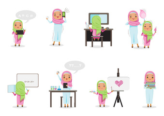 Arabic Girl study Isolated on white background. Vector cartoon illustration.