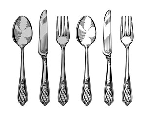 Hand-drawn tableware, view top. Silver cutlery such as knife, spoon, fork. Sketch vector illustration