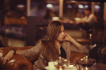 young adult woman, coffee telephone restaurant