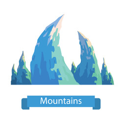 Vector cartoon image of blue mountain with six sharp icy peaks on a white background. Nature, climbing, background. Vector illustration. Banner with inscription "Mountains".
