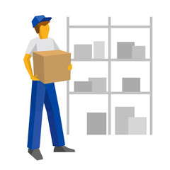 Delivery man in blue uniform holding carton box. Postal courier bring package. Lot of boxes silhouettes on the shelves at the back. Simple flat style clip art for infographics. 