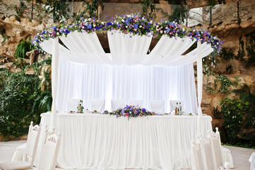Great wedding arch with table for wedding couple on garden hall.