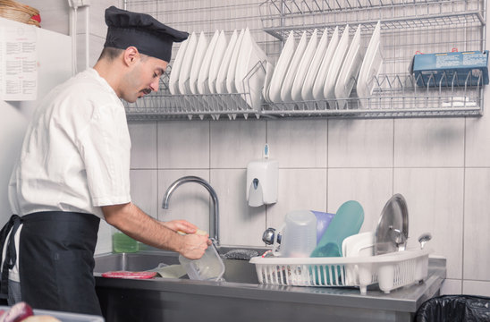 Chef Washing Dishes Kitchen